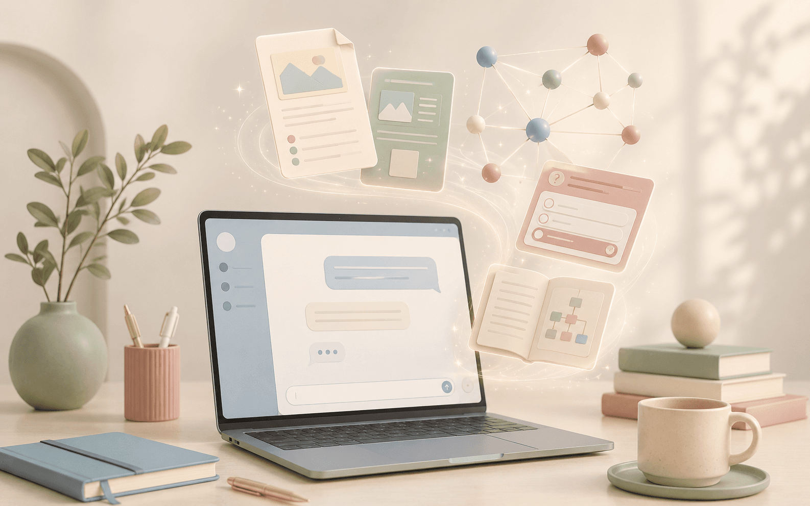 Cortex workspace: an AI tutoring conversation surrounded by documents, quizzes, and a knowledge graph