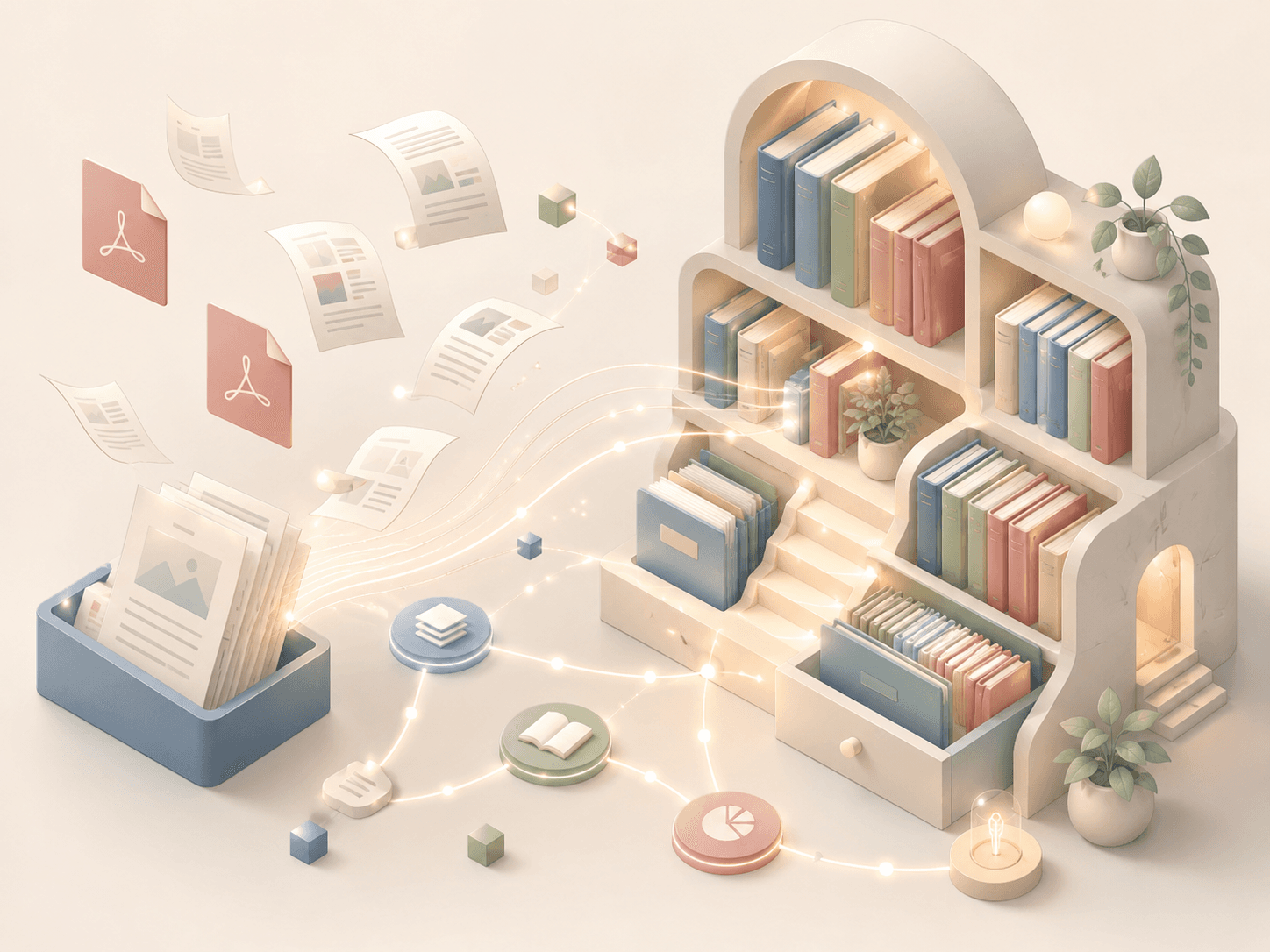 Documents flowing into an organized pastel library of knowledge bases and notebooks