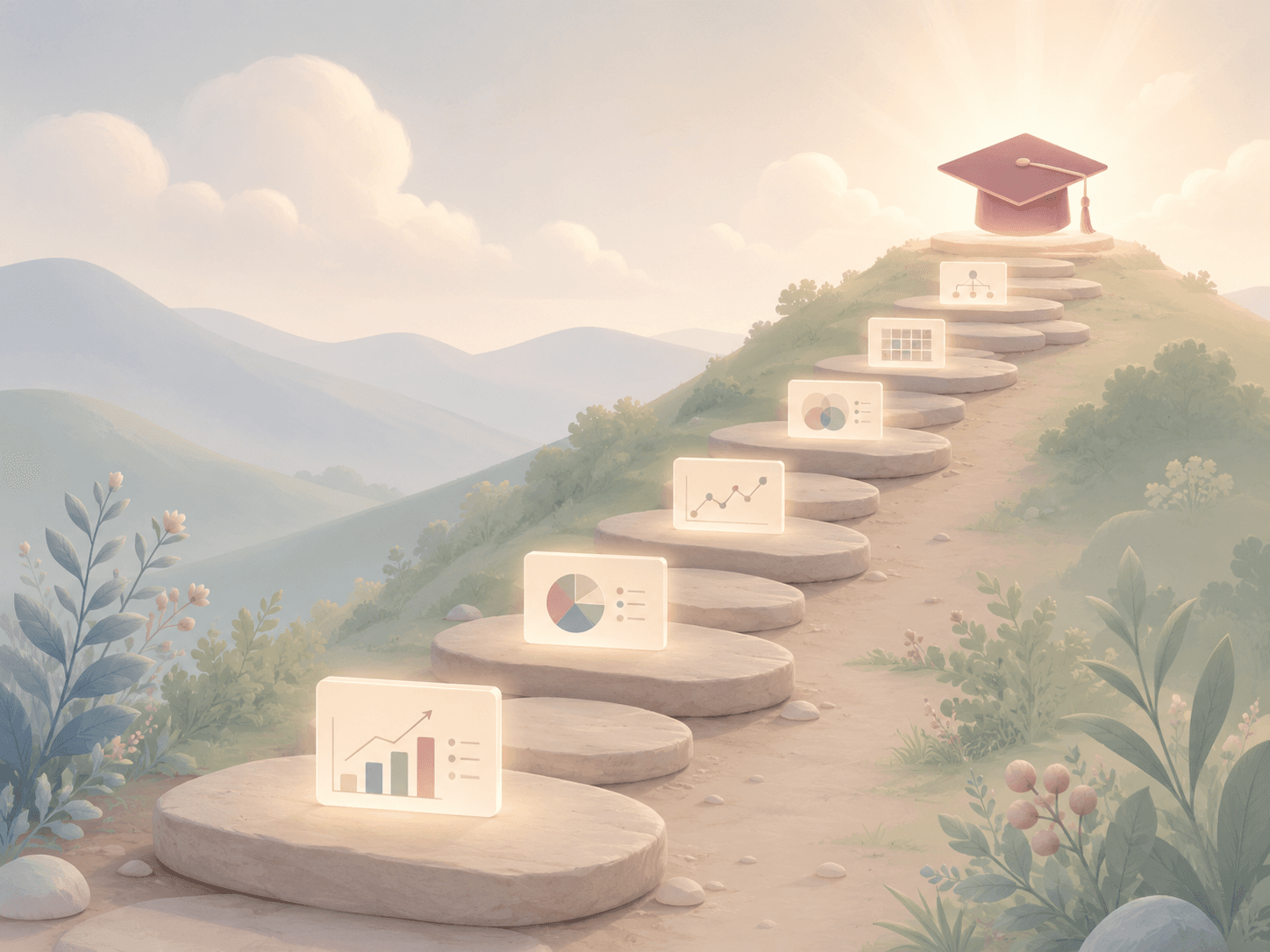 A stepping-stone path of learning cards leading up a hill toward a graduation cap