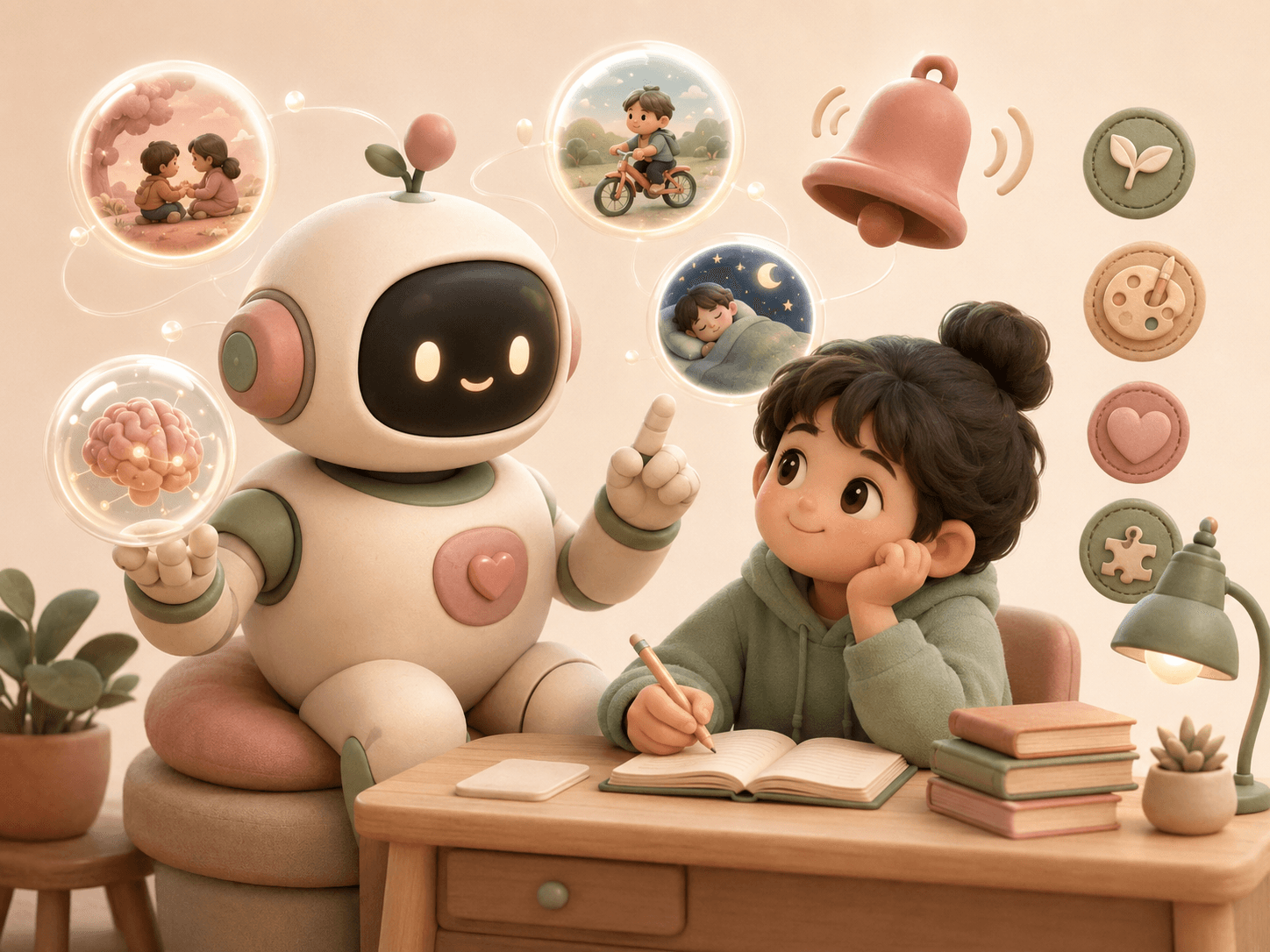 A friendly robot tutor beside a studying child, surrounded by floating memory bubbles